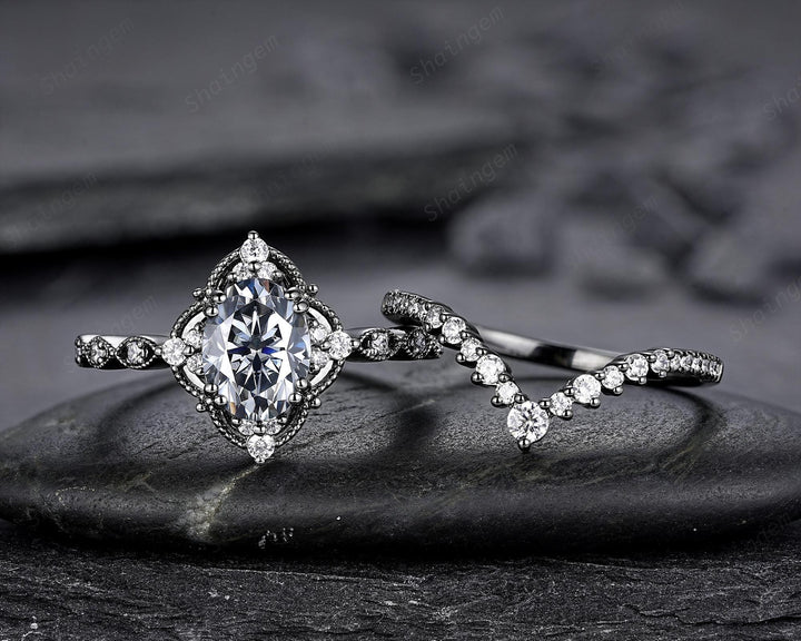Unique Black Gold Oval Shape Gray Moissanite Engagement Ring, Witchy Black Rhodium Floral Promise Ring Gothic Wedding Ring Gift for Women - ShainJewelry