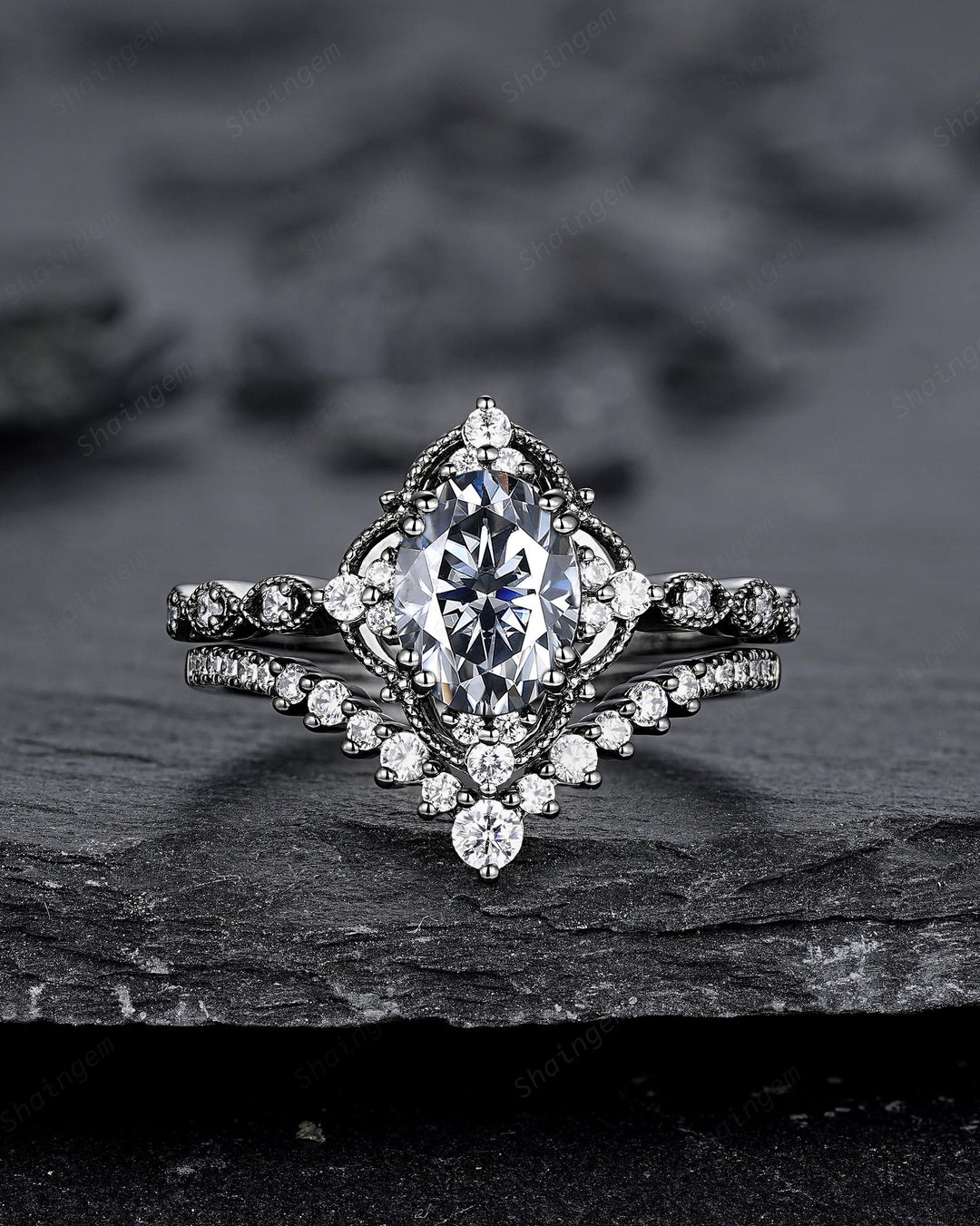 Unique Black Gold Oval Shape Gray Moissanite Engagement Ring, Witchy Black Rhodium Floral Promise Ring Gothic Wedding Ring Gift for Women - ShainJewelry