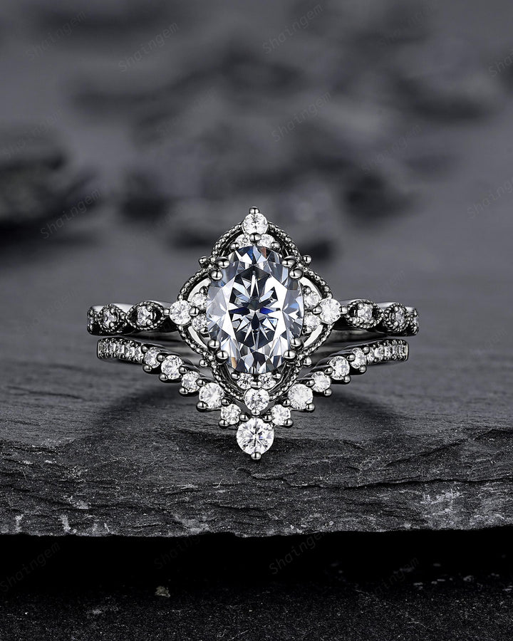 Unique Black Gold Oval Shape Gray Moissanite Engagement Ring, Witchy Black Rhodium Floral Promise Ring Gothic Wedding Ring Gift for Women - ShainJewelry
