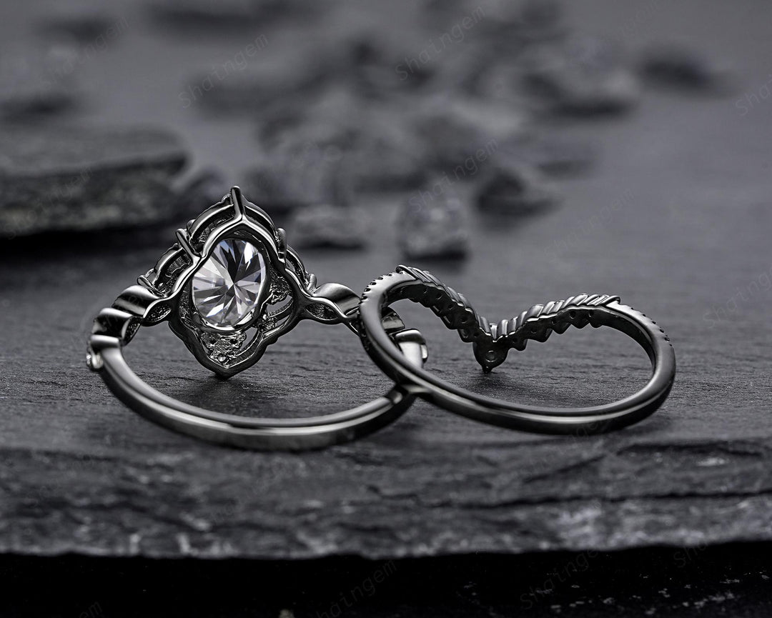 Unique Black Gold Oval Shape Gray Moissanite Engagement Ring, Witchy Black Rhodium Floral Promise Ring Gothic Wedding Ring Gift for Women - ShainJewelry