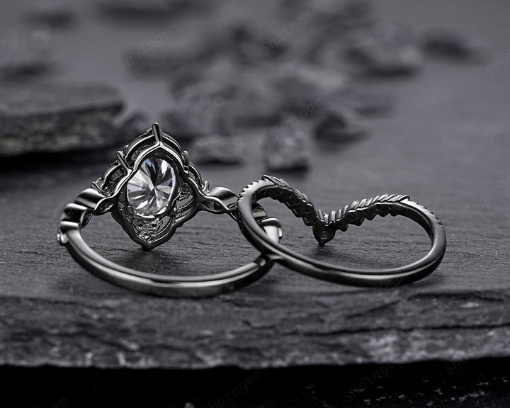 Unique Black Gold Oval Shape Gray Moissanite Engagement Ring, Witchy Black Rhodium Floral Promise Ring Gothic Wedding Ring Gift for Women - ShainJewelry