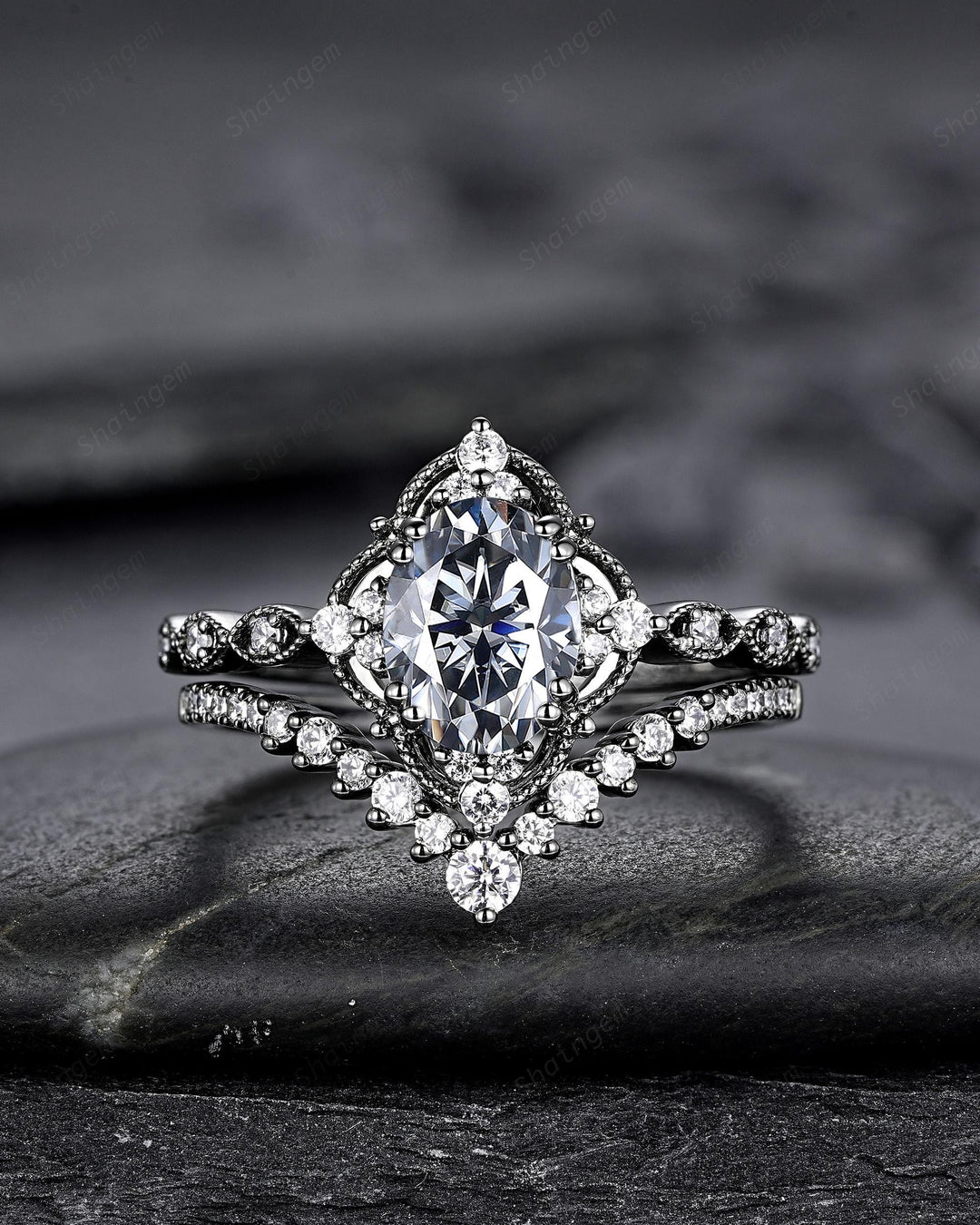 Unique Black Gold Oval Shape Gray Moissanite Engagement Ring, Witchy Black Rhodium Floral Promise Ring Gothic Wedding Ring Gift for Women - ShainJewelry