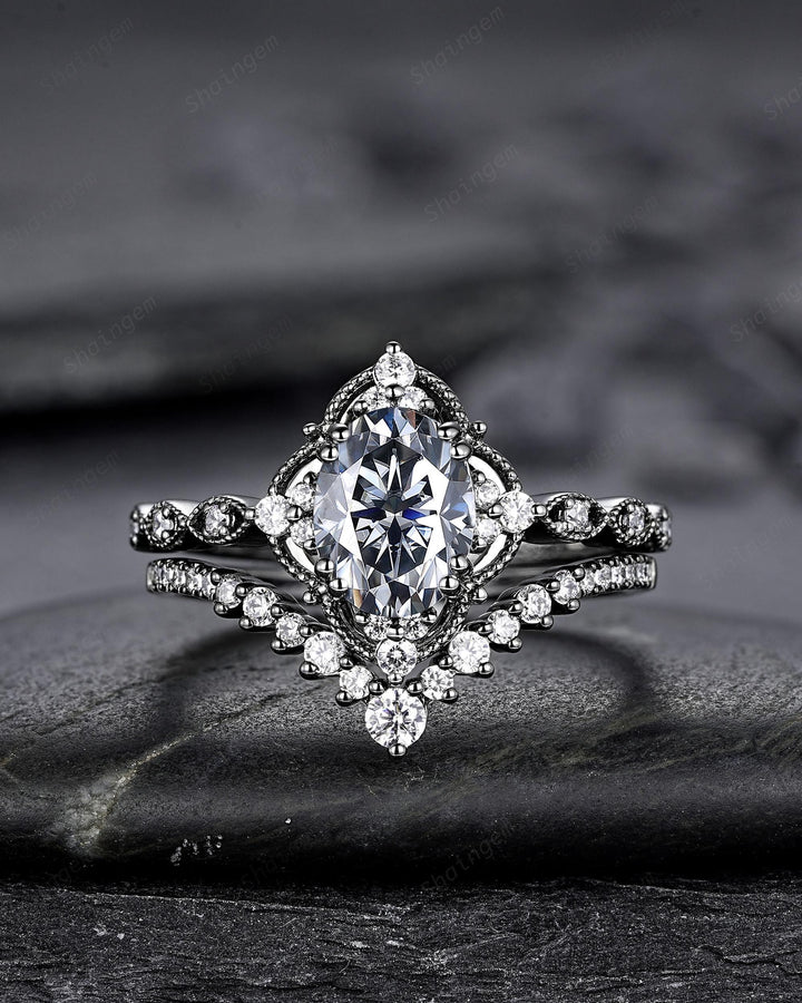 Unique Black Gold Oval Shape Gray Moissanite Engagement Ring, Witchy Black Rhodium Floral Promise Ring Gothic Wedding Ring Gift for Women - ShainJewelry