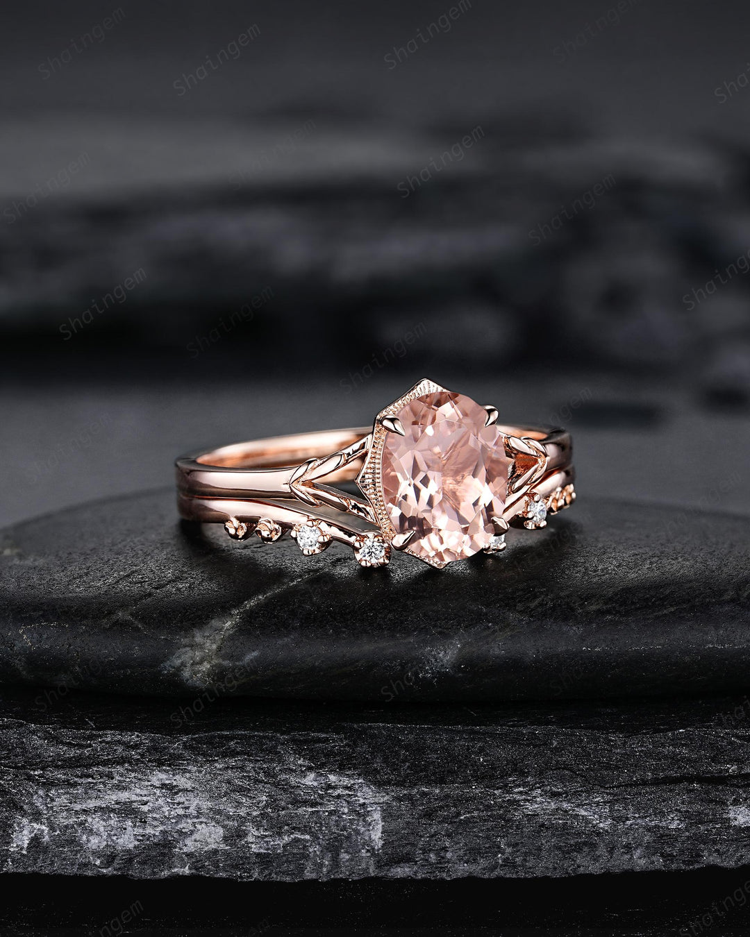 Unique Split Shank Oval Shape Natural Peach Pink Morganite Engagement Ring Nature Inspired Milgrain Leaf Vine Rose Gold Wedding Promise Ring - ShainJewelry
