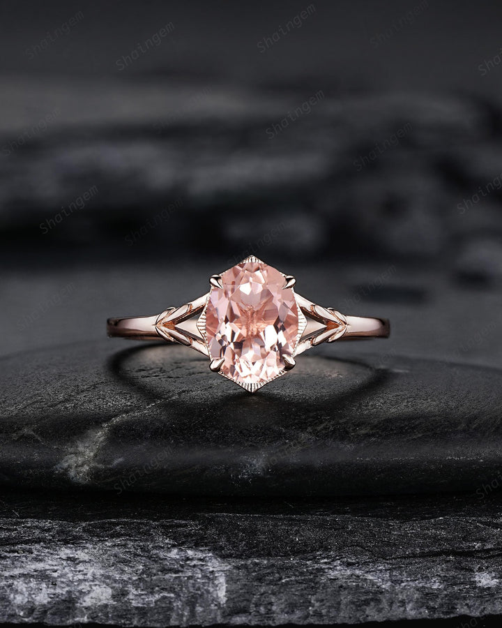 Unique Split Shank Oval Shape Natural Peach Pink Morganite Engagement Ring Nature Inspired Milgrain Leaf Vine Rose Gold Wedding Promise Ring - ShainJewelry
