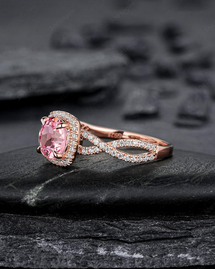 Vintage Round Pink Sapphire Halo Engagement Ring, Rose Gold Cross Band Half Eternity Cushion Shape Promise Ring, Infinite Wedding Ring Mom - ShainJewelry
