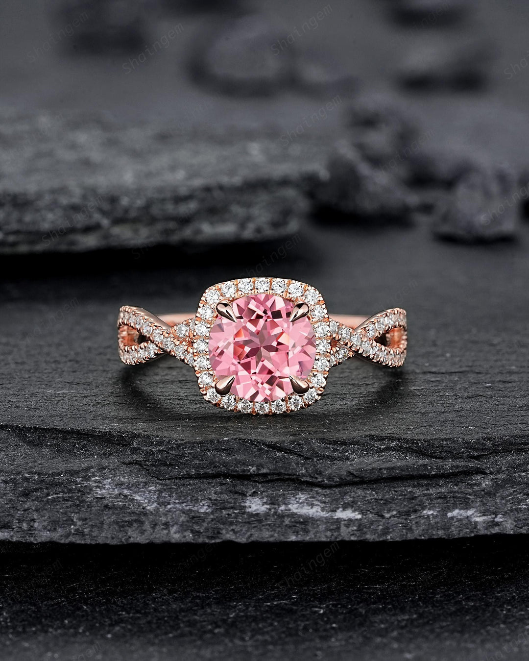 Vintage Round Pink Sapphire Halo Engagement Ring, Rose Gold Cross Band Half Eternity Cushion Shape Promise Ring, Infinite Wedding Ring Mom - ShainJewelry