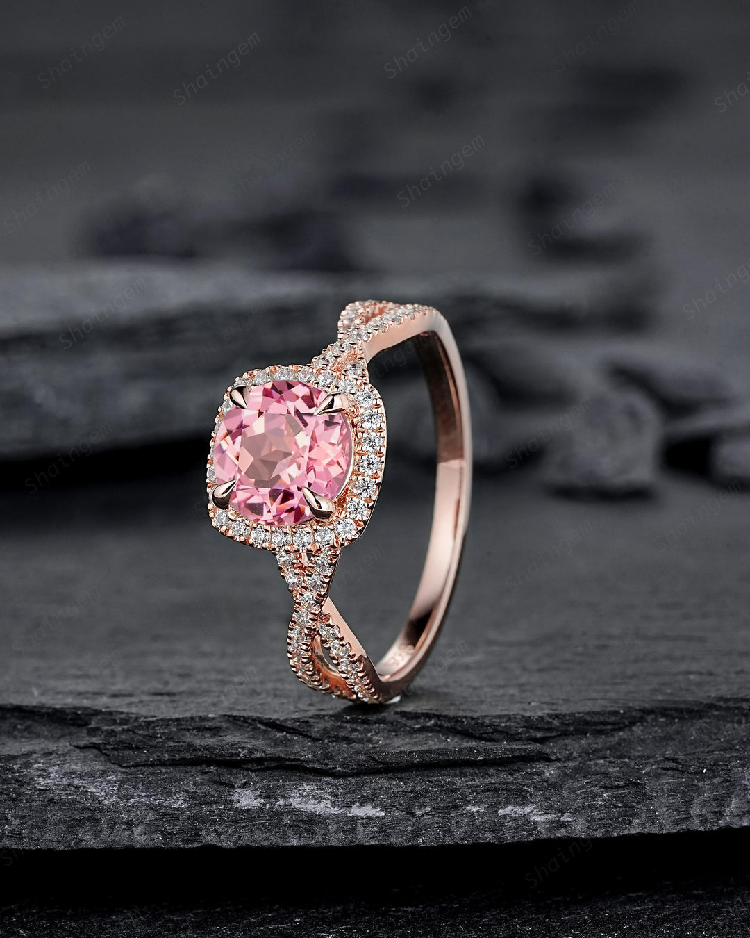 Vintage Round Pink Sapphire Halo Engagement Ring, Rose Gold Cross Band Half Eternity Cushion Shape Promise Ring, Infinite Wedding Ring Mom - ShainJewelry