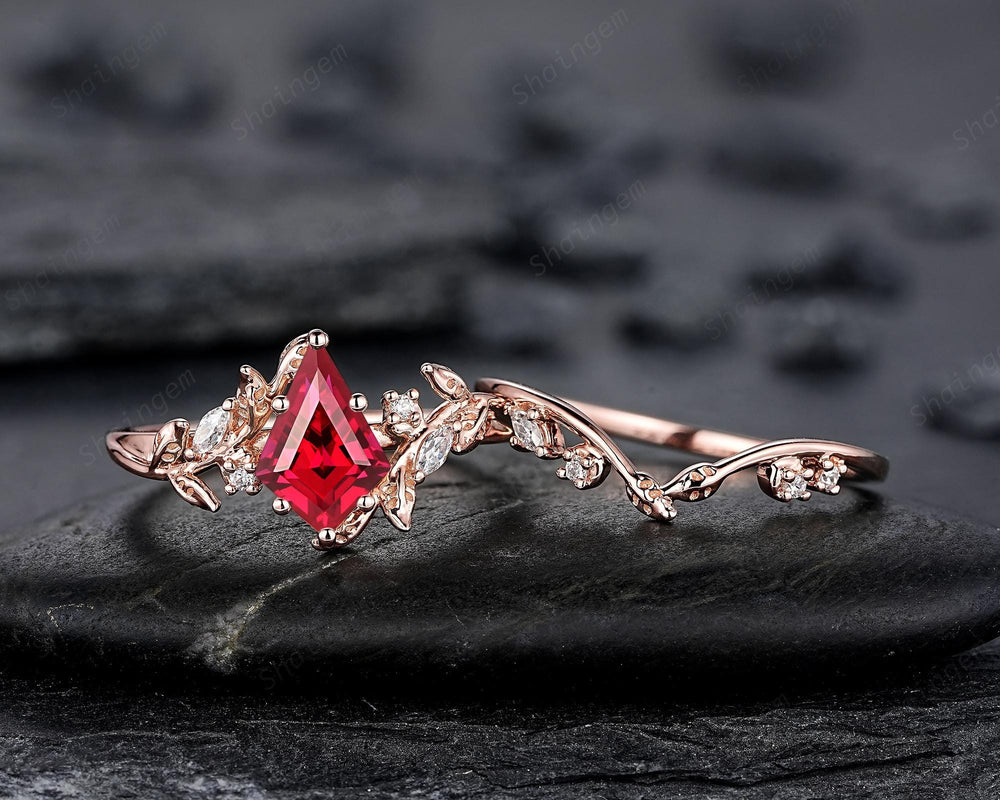 Nature Inspired Kite Cut Ruby Leaf Engagement Ring Set, Unique Rose Gold Twig Branch Promise Ring, July Birthstone Anniversary Ring Women - ShainJewelry