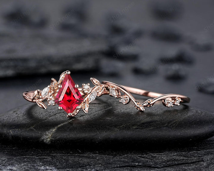 Nature Inspired Kite Cut Ruby Leaf Engagement Ring Set, Unique Rose Gold Twig Branch Promise Ring, July Birthstone Anniversary Ring Women - ShainJewelry