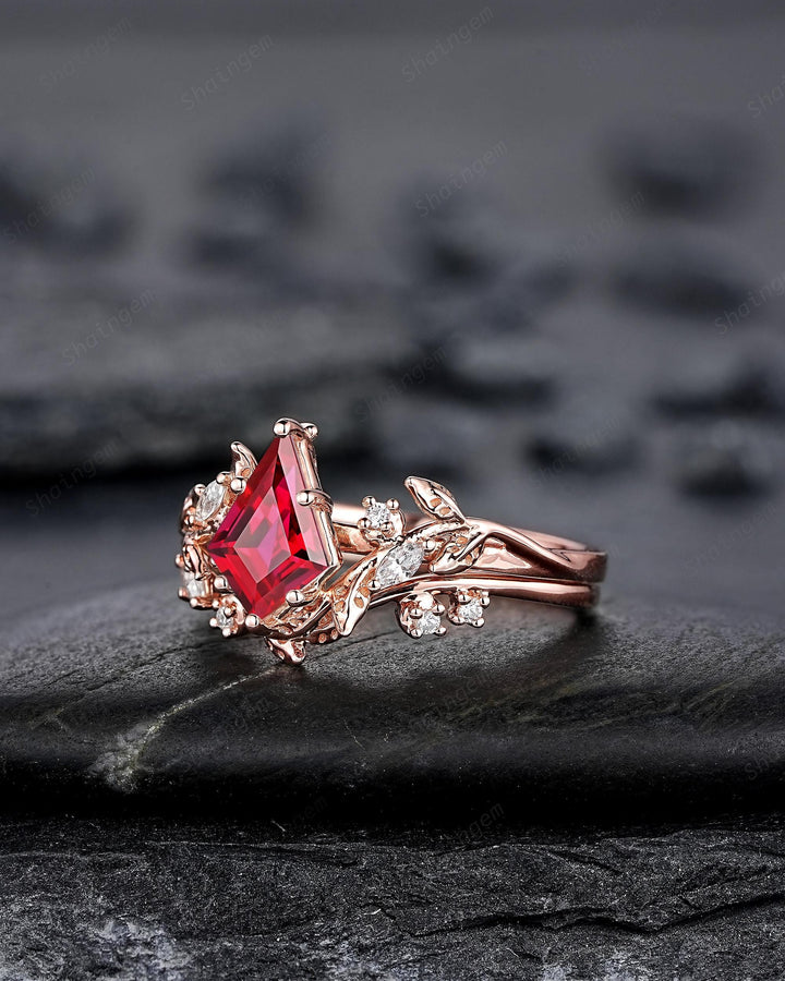 Nature Inspired Kite Cut Ruby Leaf Engagement Ring Set, Unique Rose Gold Twig Branch Promise Ring, July Birthstone Anniversary Ring Women - ShainJewelry