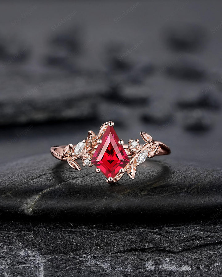 Nature Inspired Kite Cut Ruby Leaf Engagement Ring Set, Unique Rose Gold Twig Branch Promise Ring, July Birthstone Anniversary Ring Women - ShainJewelry