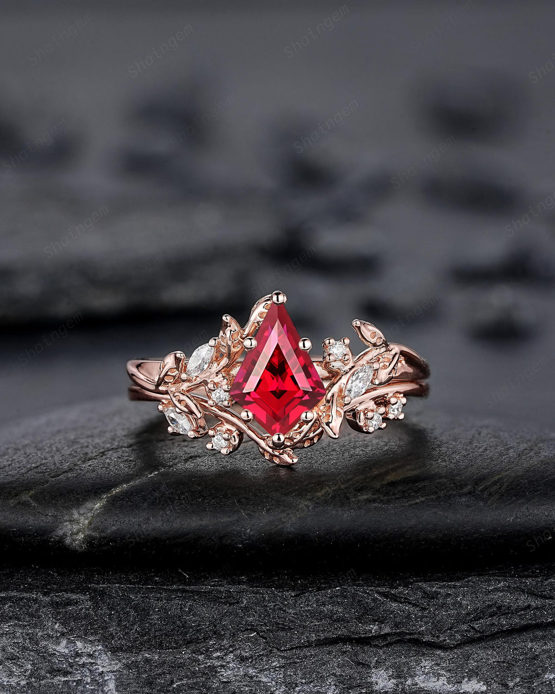 Nature Inspired Kite Cut Ruby Leaf Engagement Ring Set, Unique Rose Gold Twig Branch Promise Ring, July Birthstone Anniversary Ring Women - ShainJewelry