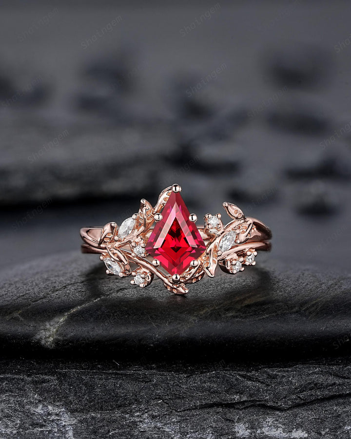 Nature Inspired Kite Cut Ruby Leaf Engagement Ring Set, Unique Rose Gold Twig Branch Promise Ring, July Birthstone Anniversary Ring Women - ShainJewelry