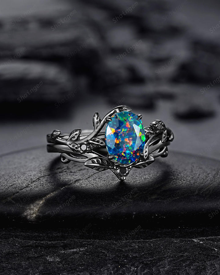 Gothic Nature Inspired Oval Shape Black Opal Leaf Engagement Ring Set, Rhodium Black Vine Promise Ring, Black Gold Wedding Anniversary Gift - ShainJewelry