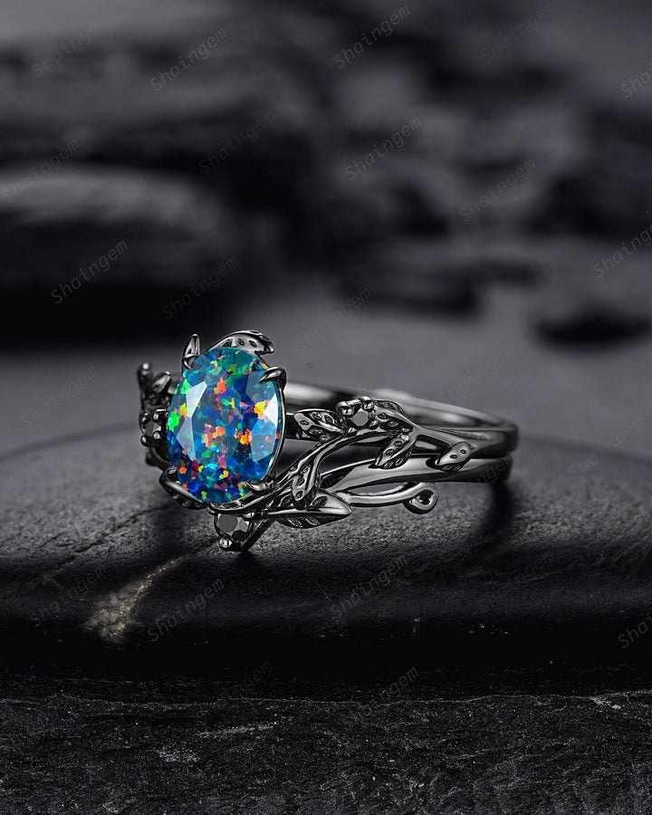 Gothic Nature Inspired Oval Shape Black Opal Leaf Engagement Ring Set, Rhodium Black Vine Promise Ring, Black Gold Wedding Anniversary Gift - ShainJewelry