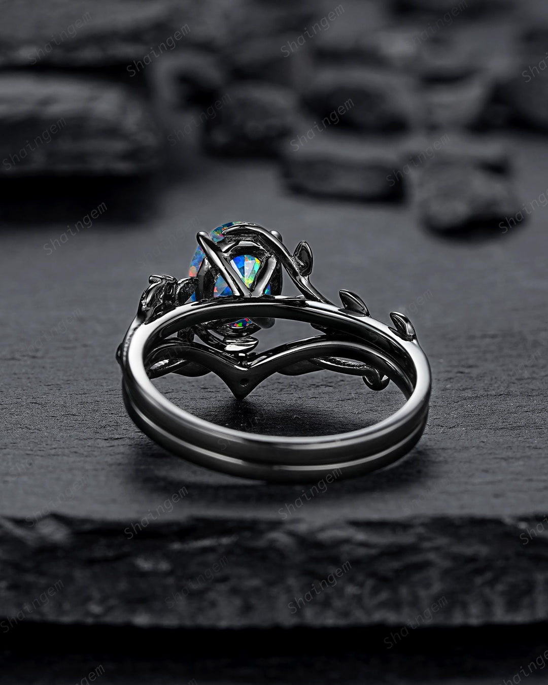 Gothic Nature Inspired Oval Shape Black Opal Leaf Engagement Ring Set, Rhodium Black Vine Promise Ring, Black Gold Wedding Anniversary Gift - ShainJewelry