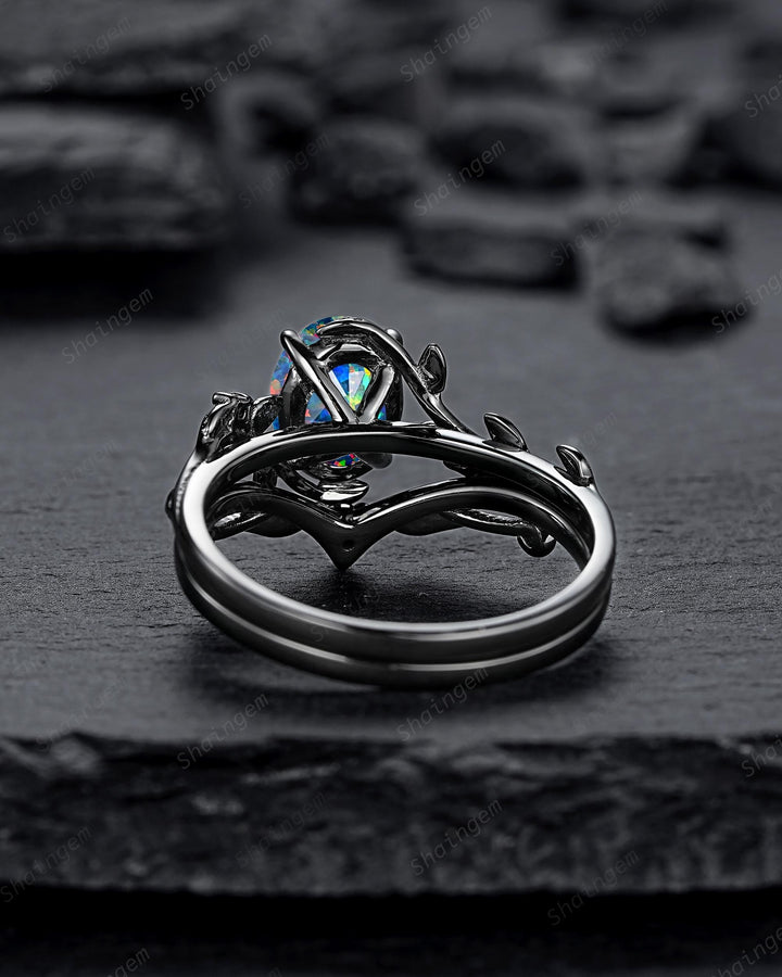 Gothic Nature Inspired Oval Shape Black Opal Leaf Engagement Ring Set, Rhodium Black Vine Promise Ring, Black Gold Wedding Anniversary Gift - ShainJewelry