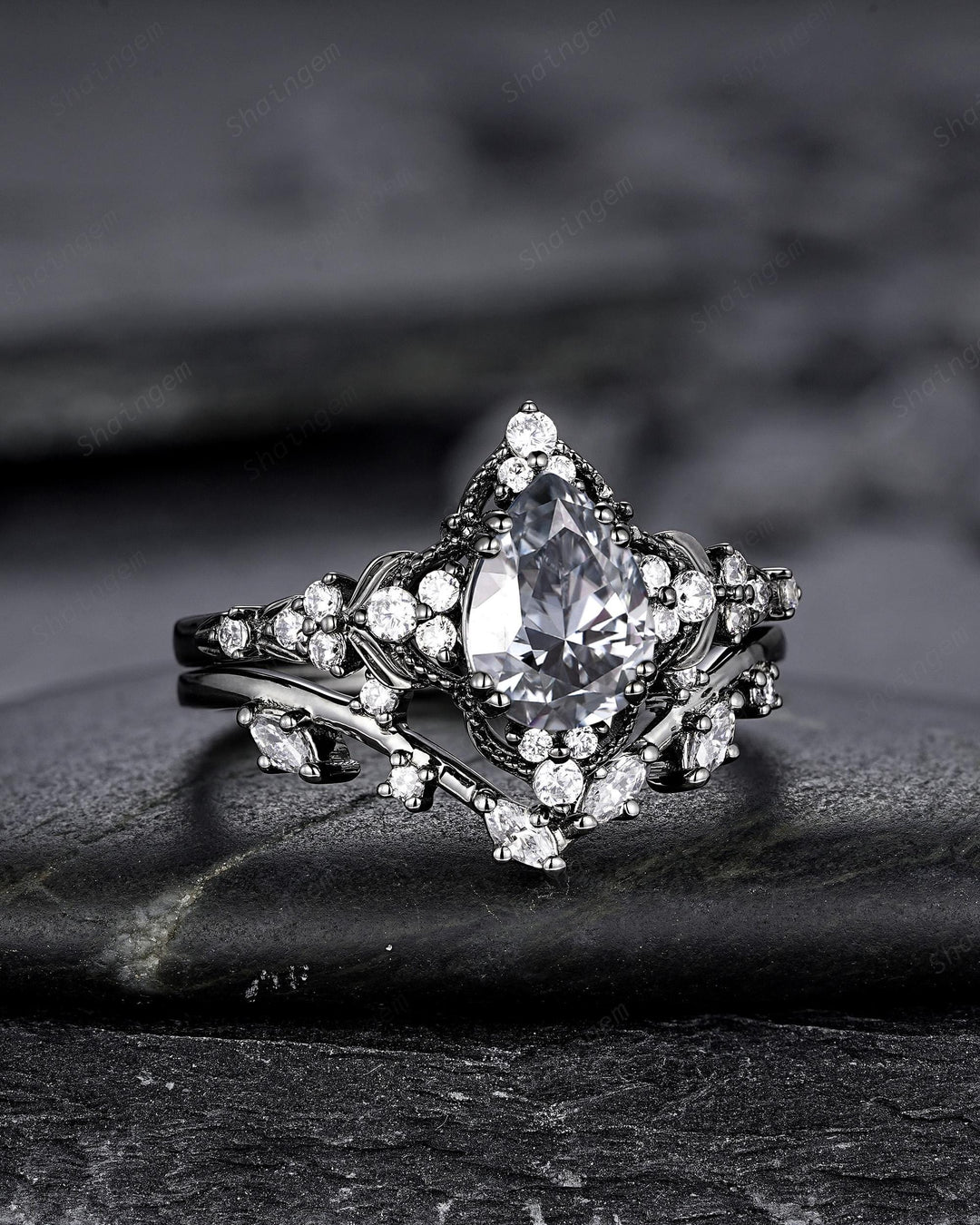 Unique Black Gold Pear Shape Gray Moissanite Leaf Engagement Ring, Witchy Twig Branch Promise Ring Gothic Black Wedding Ring Gift for Women - ShainJewelry