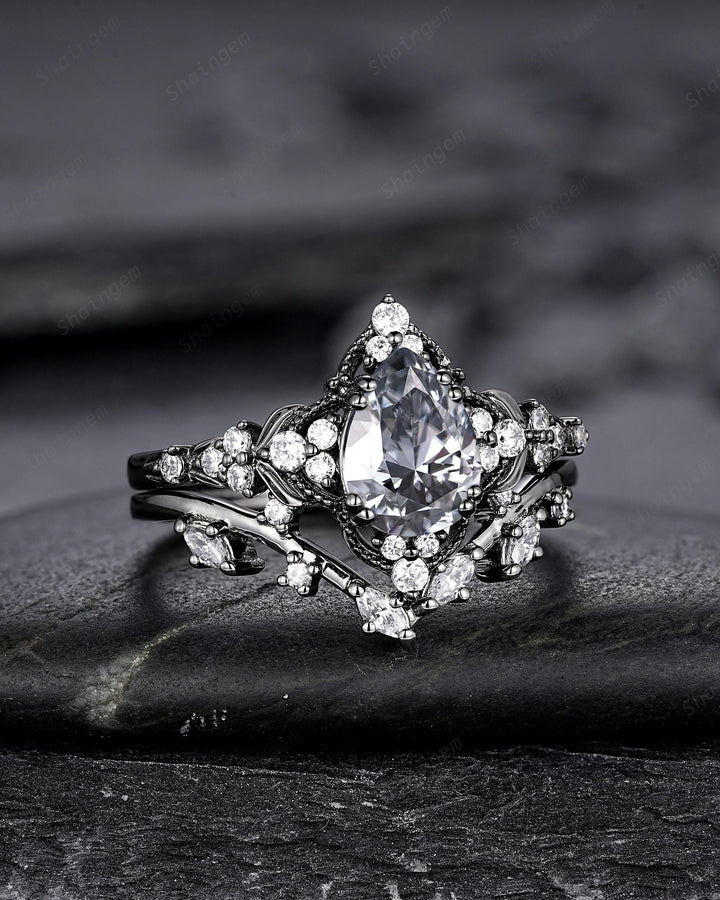 Unique Black Gold Pear Shape Gray Moissanite Leaf Engagement Ring, Witchy Twig Branch Promise Ring Gothic Black Wedding Ring Gift for Women - ShainJewelry