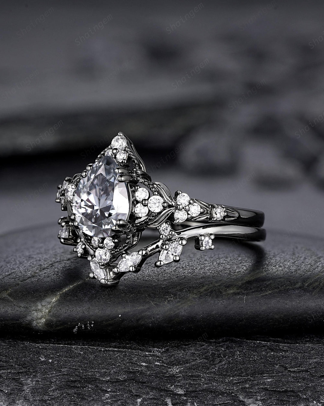 Unique Black Gold Pear Shape Gray Moissanite Leaf Engagement Ring, Witchy Twig Branch Promise Ring Gothic Black Wedding Ring Gift for Women - ShainJewelry