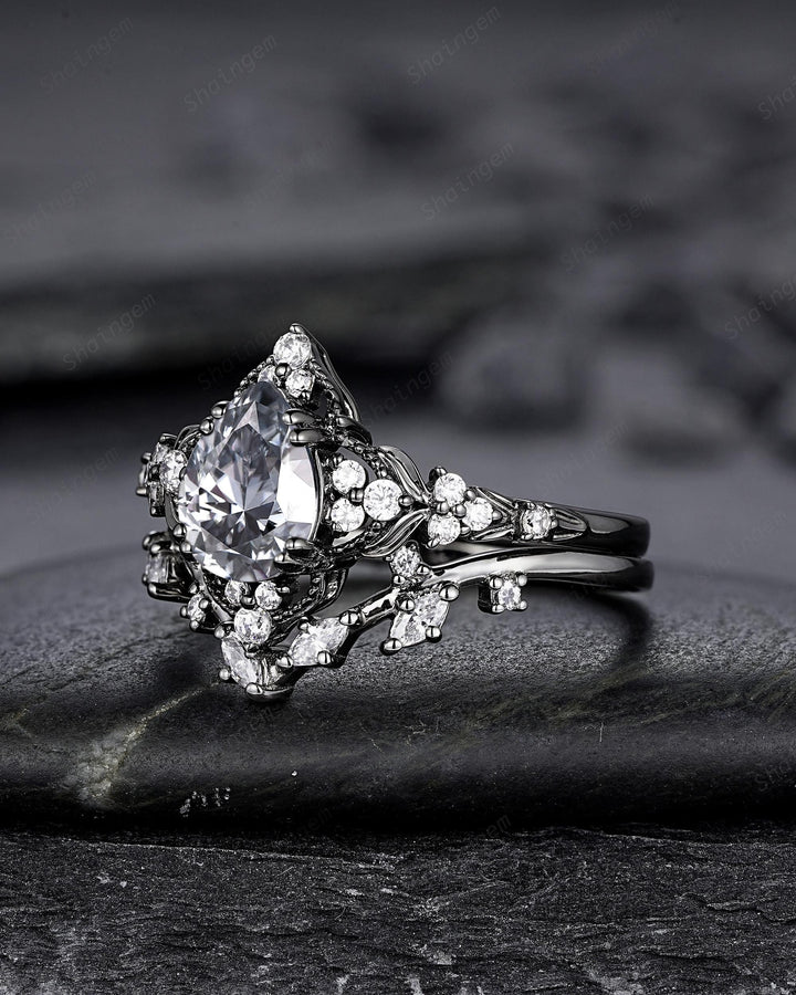 Unique Black Gold Pear Shape Gray Moissanite Leaf Engagement Ring, Witchy Twig Branch Promise Ring Gothic Black Wedding Ring Gift for Women - ShainJewelry