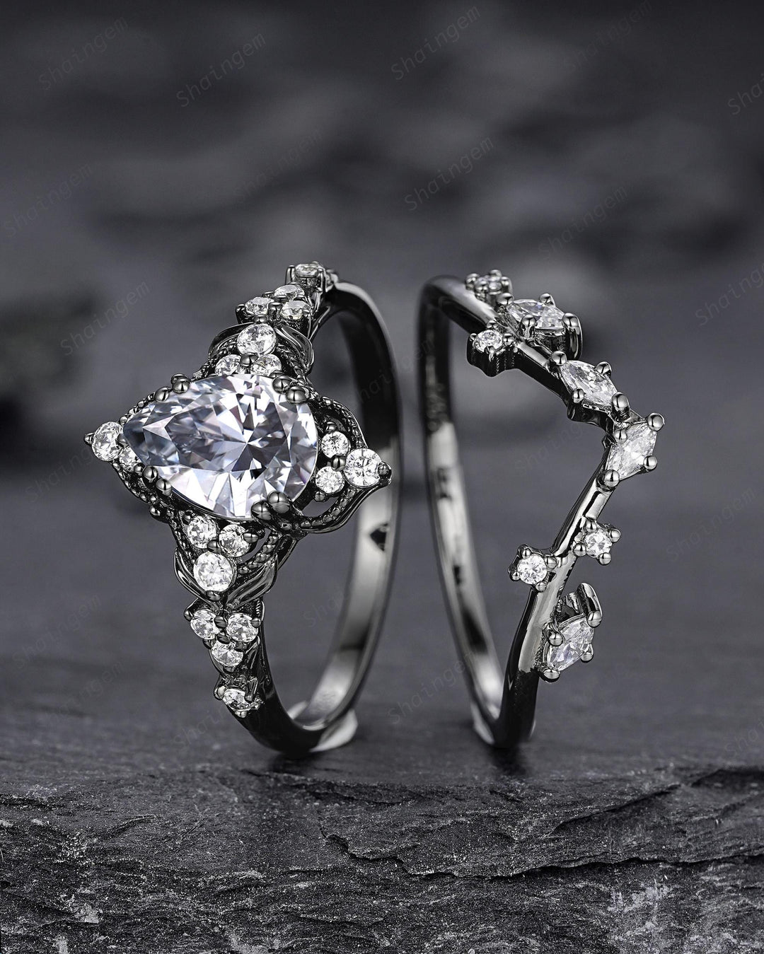 Unique Black Gold Pear Shape Gray Moissanite Leaf Engagement Ring, Witchy Twig Branch Promise Ring Gothic Black Wedding Ring Gift for Women - ShainJewelry