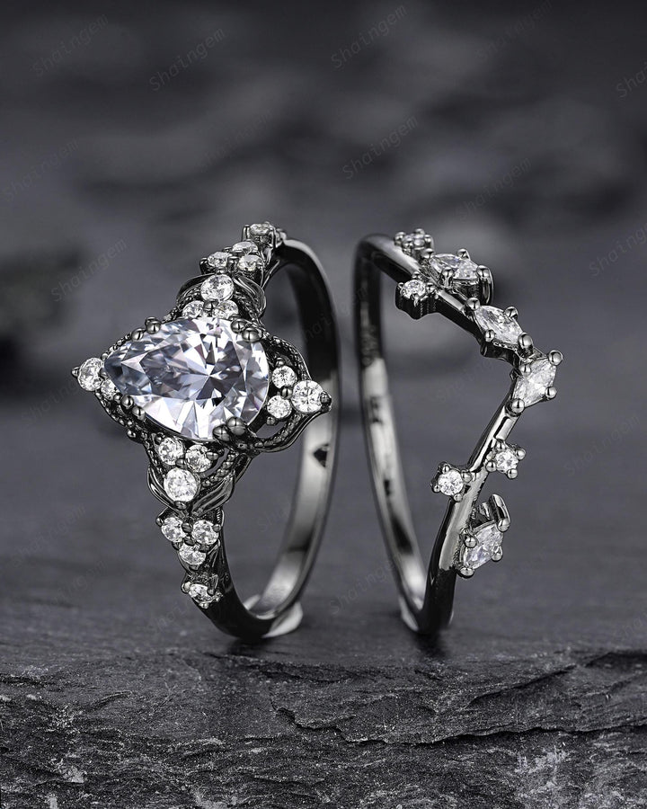 Unique Black Gold Pear Shape Gray Moissanite Leaf Engagement Ring, Witchy Twig Branch Promise Ring Gothic Black Wedding Ring Gift for Women - ShainJewelry