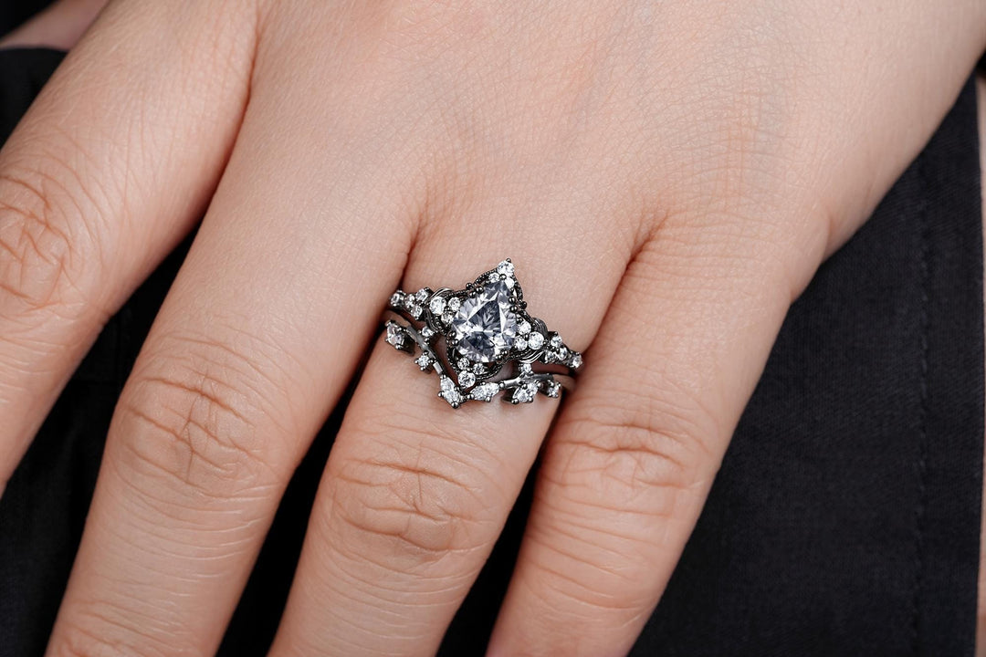 Unique Black Gold Pear Shape Gray Moissanite Leaf Engagement Ring, Witchy Twig Branch Promise Ring Gothic Black Wedding Ring Gift for Women - ShainJewelry