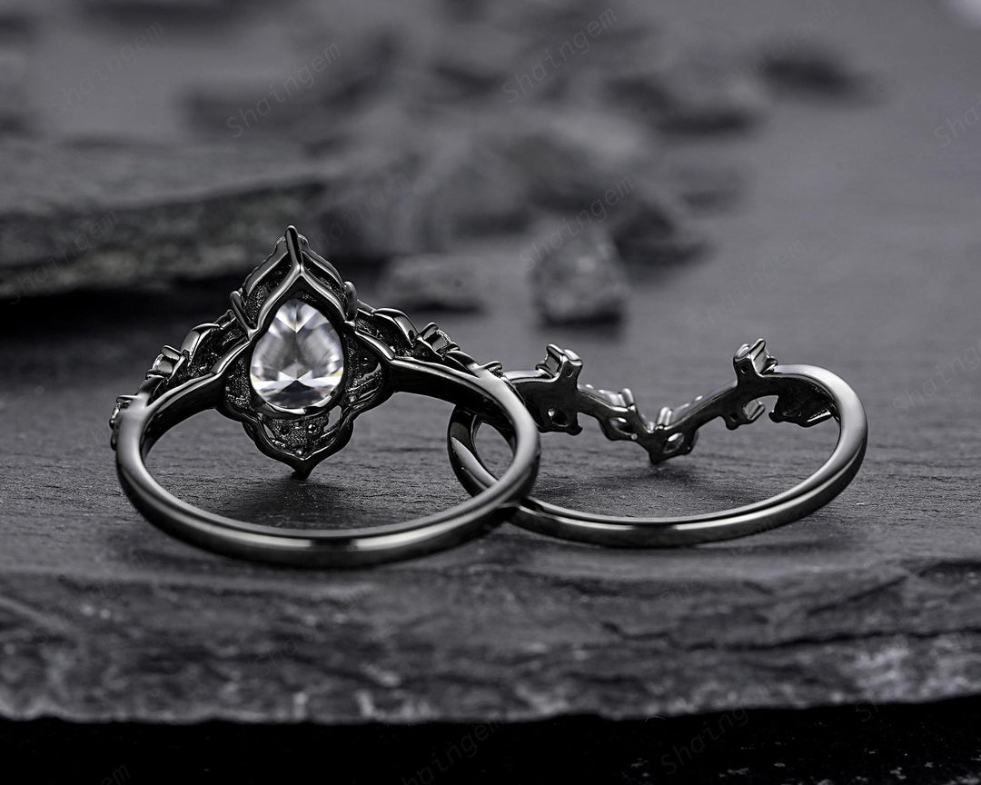 Unique Black Gold Pear Shape Gray Moissanite Leaf Engagement Ring, Witchy Twig Branch Promise Ring Gothic Black Wedding Ring Gift for Women - ShainJewelry