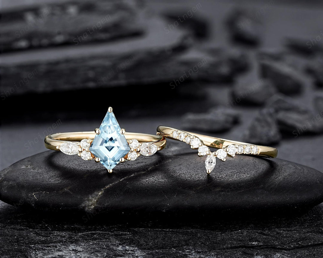 Vintage Kite Shape Natural Blue Aquamarine Engagement Ring Set, V Shape Yellow Gold March Birthstone Promise Wedding Ring Gift for Women - ShainJewelry