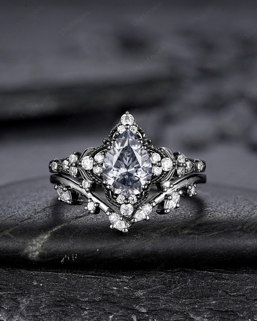Unique Black Gold Pear Shape Gray Moissanite Leaf Engagement Ring, Witchy Twig Branch Promise Ring Gothic Black Wedding Ring Gift for Women - ShainJewelry