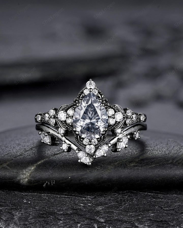 Unique Black Gold Pear Shape Gray Moissanite Leaf Engagement Ring, Witchy Twig Branch Promise Ring Gothic Black Wedding Ring Gift for Women - ShainJewelry