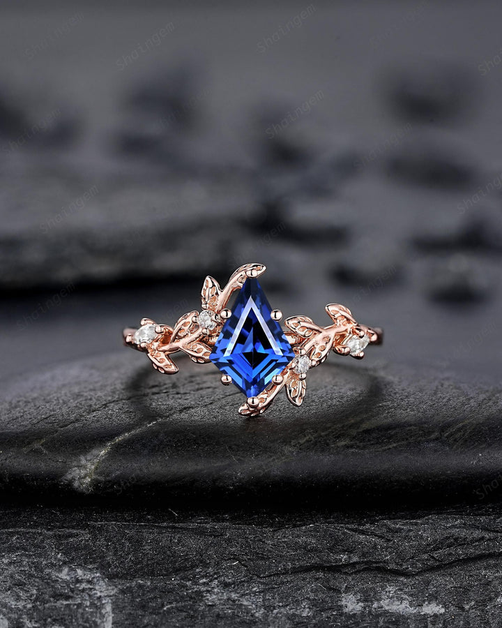 Vintage Kite Cut Cornflower Blue Sapphire Leaf Engagement Ring Unique Rose Gold Twig Branch Vine Wedding Set Nature Inspired Promise Ring - ShainJewelry