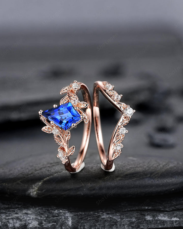 Vintage Kite Cut Cornflower Blue Sapphire Leaf Engagement Ring Unique Rose Gold Twig Branch Vine Wedding Set Nature Inspired Promise Ring - ShainJewelry