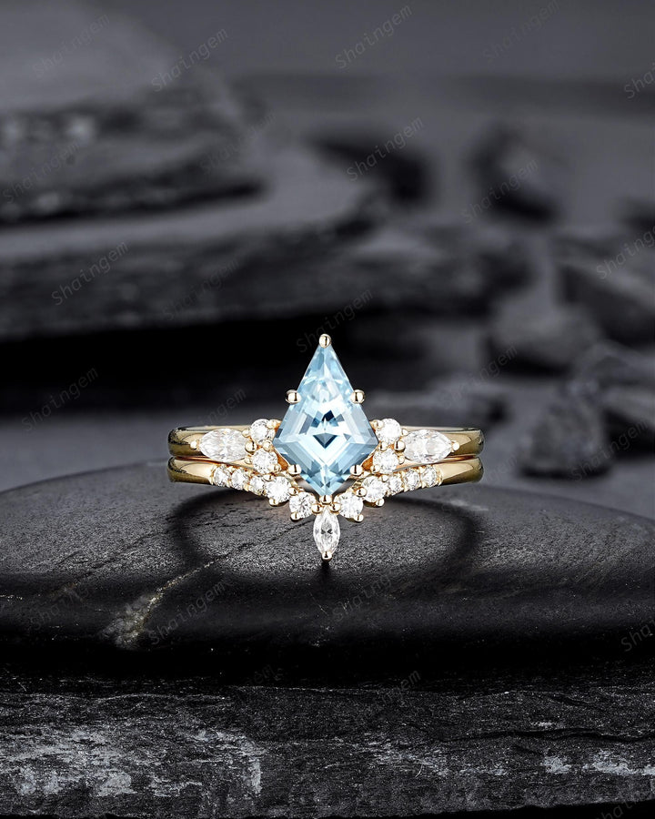 Vintage Kite Shape Natural Blue Aquamarine Engagement Ring Set, V Shape Yellow Gold March Birthstone Promise Wedding Ring Gift for Women - ShainJewelry