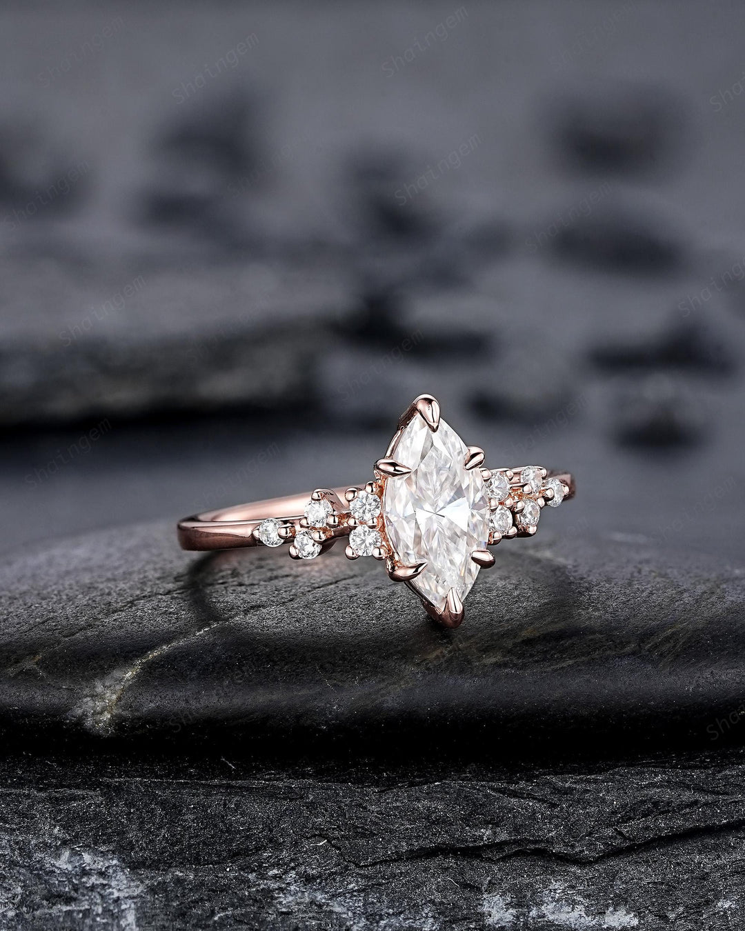 Unique Marquise Cut Moissanite Engagement Ring, Vintage Cluster Diamond Wedding Ring Snowdrift Rose Gold Promise Ring Gift for Women Girl - ShainJewelry