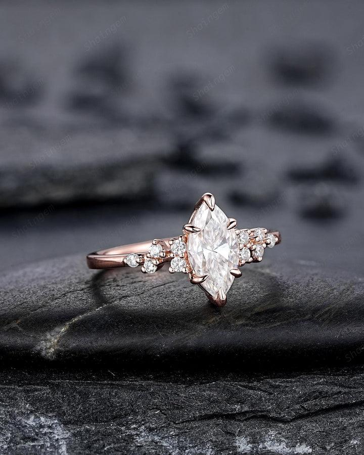Unique Marquise Cut Moissanite Engagement Ring, Vintage Cluster Diamond Wedding Ring Snowdrift Rose Gold Promise Ring Gift for Women Girl - ShainJewelry
