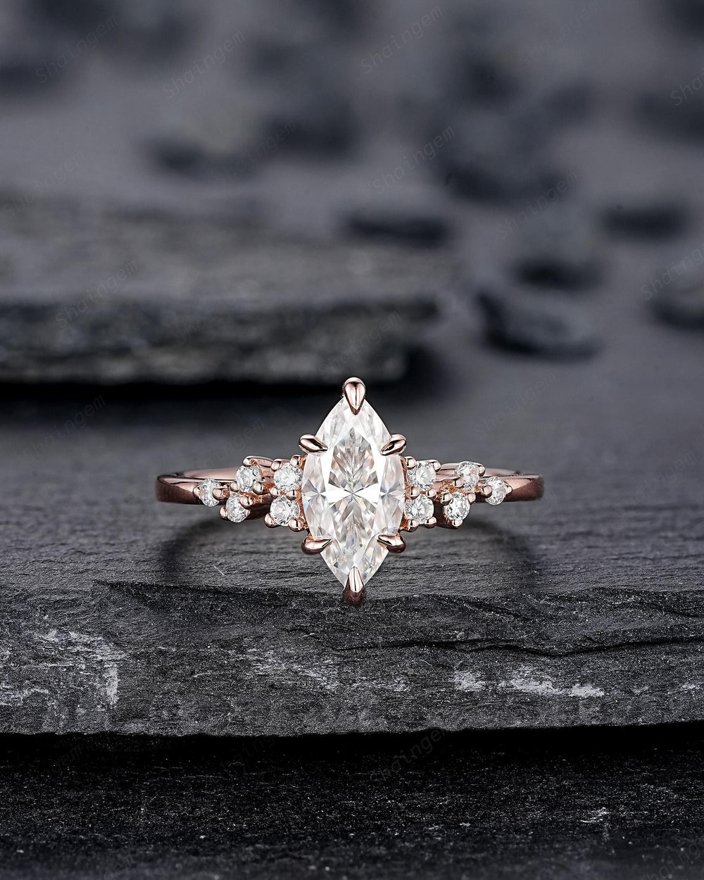 Unique Marquise Cut Moissanite Engagement Ring, Vintage Cluster Diamond Wedding Ring Snowdrift Rose Gold Promise Ring Gift for Women Girl - ShainJewelry