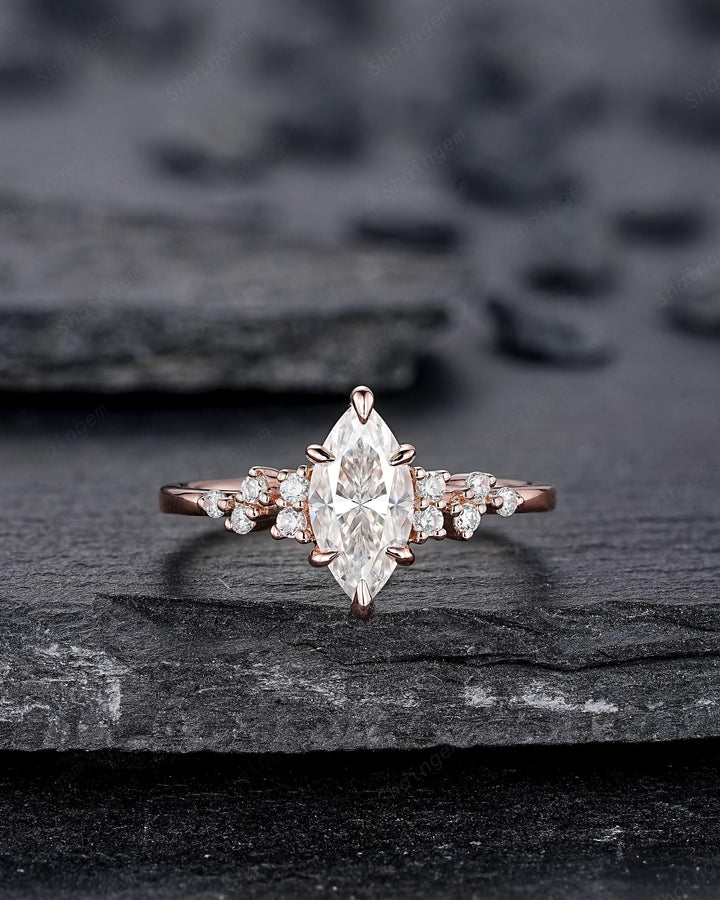 Unique Marquise Cut Moissanite Engagement Ring, Vintage Cluster Diamond Wedding Ring Snowdrift Rose Gold Promise Ring Gift for Women Girl - ShainJewelry