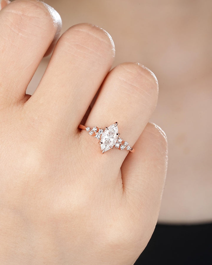 Unique Marquise Cut Moissanite Engagement Ring, Vintage Cluster Diamond Wedding Ring Snowdrift Rose Gold Promise Ring Gift for Women Girl - ShainJewelry