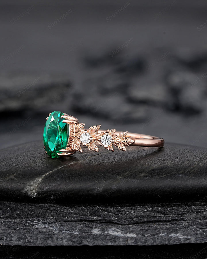 Oval Shape Emerald Maple Leaf Engagement Ring, Nature Inspired Promise Ring, Rose Gold Wedding Ring August Birthstone Ring Gift for Woman - ShainJewelry