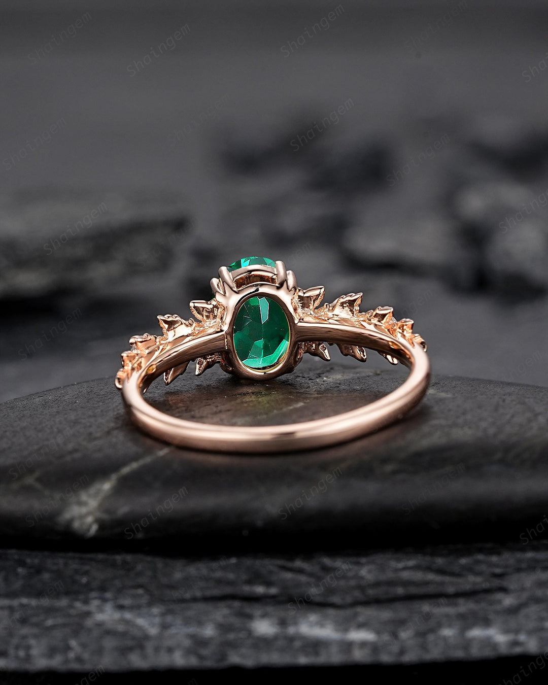 Oval Shape Emerald Maple Leaf Engagement Ring, Nature Inspired Promise Ring, Rose Gold Wedding Ring August Birthstone Ring Gift for Woman - ShainJewelry