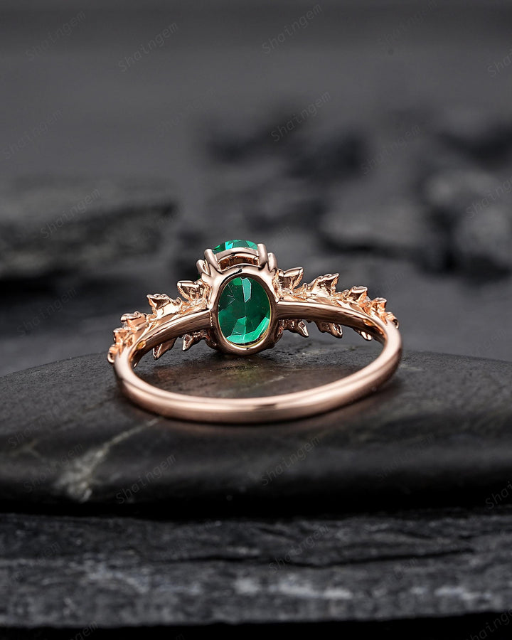 Oval Shape Emerald Maple Leaf Engagement Ring, Nature Inspired Promise Ring, Rose Gold Wedding Ring August Birthstone Ring Gift for Woman - ShainJewelry