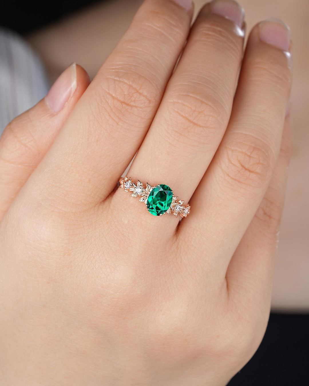 Oval Shape Emerald Maple Leaf Engagement Ring, Nature Inspired Promise Ring, Rose Gold Wedding Ring August Birthstone Ring Gift for Woman - ShainJewelry