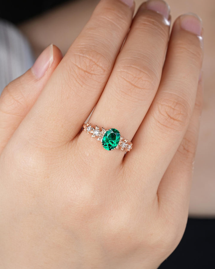 Oval Shape Emerald Maple Leaf Engagement Ring, Nature Inspired Promise Ring, Rose Gold Wedding Ring August Birthstone Ring Gift for Woman - ShainJewelry
