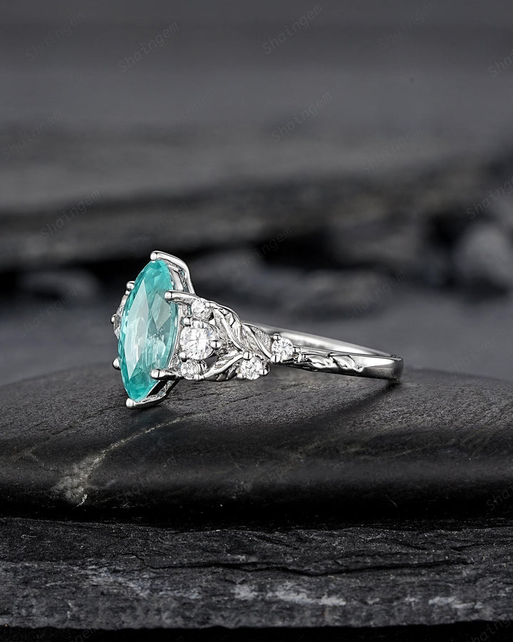 Nature Inspired Platinum Marquise Cut Paraiba Blue Tourmaline Engagement Ring, Unique White Gold Promise Ring Silver Leaf Wedding Ring Women - ShainJewelry