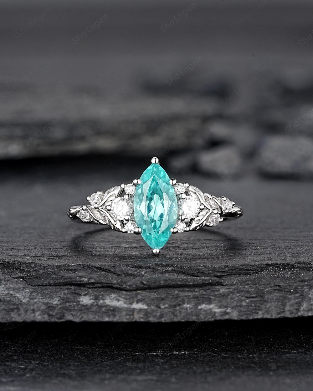 Nature Inspired Platinum Marquise Cut Paraiba Blue Tourmaline Engagement Ring, Unique White Gold Promise Ring Silver Leaf Wedding Ring Women - ShainJewelry