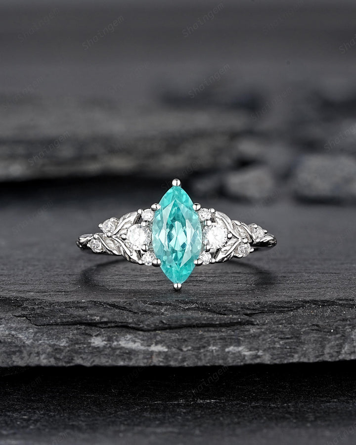 Nature Inspired Platinum Marquise Cut Paraiba Blue Tourmaline Engagement Ring, Unique White Gold Promise Ring Silver Leaf Wedding Ring Women - ShainJewelry