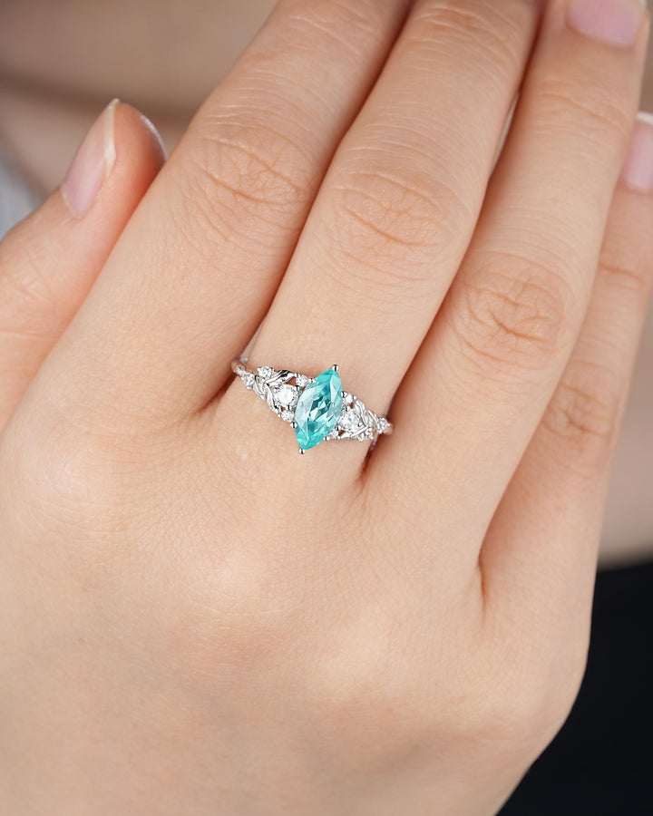 Nature Inspired Platinum Marquise Cut Paraiba Blue Tourmaline Engagement Ring, Unique White Gold Promise Ring Silver Leaf Wedding Ring Women - ShainJewelry